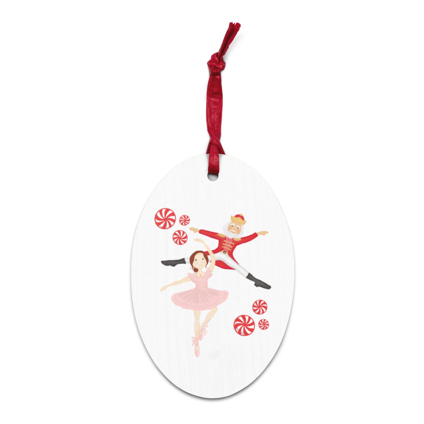 Ballerina & Nutcracker Peppermint Print Rustic Wooden Ornament