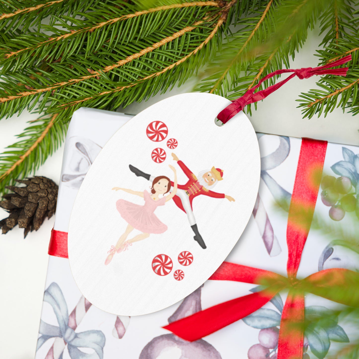 Ballerina & Nutcracker Peppermint Print Rustic Wooden Ornament