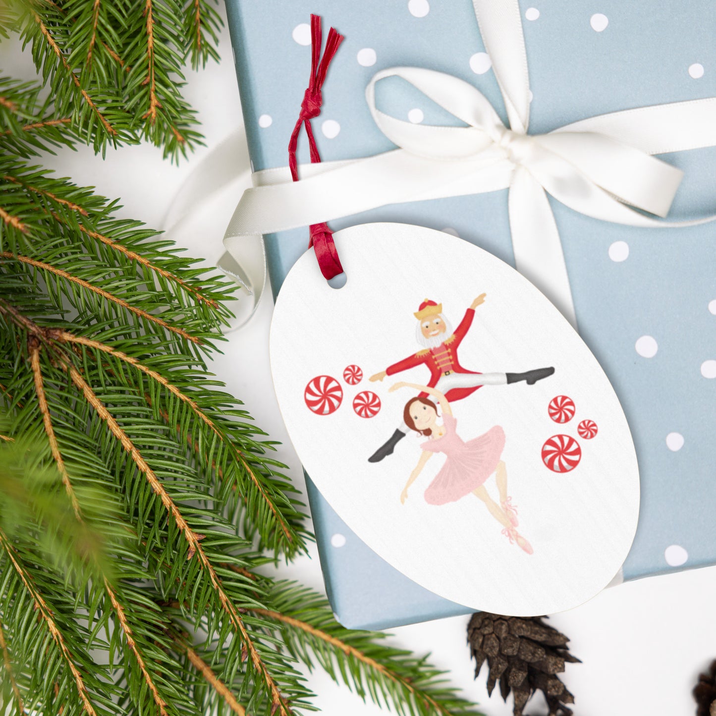 Ballerina & Nutcracker Peppermint Print Rustic Wooden Ornament