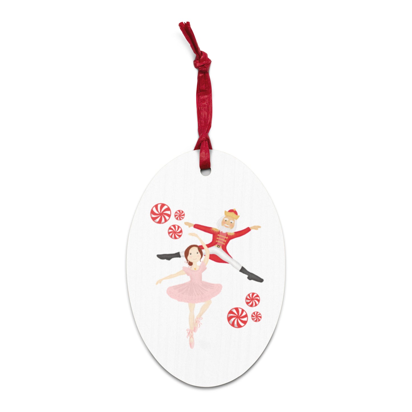 Ballerina & Nutcracker Peppermint Print Rustic Wooden Ornament