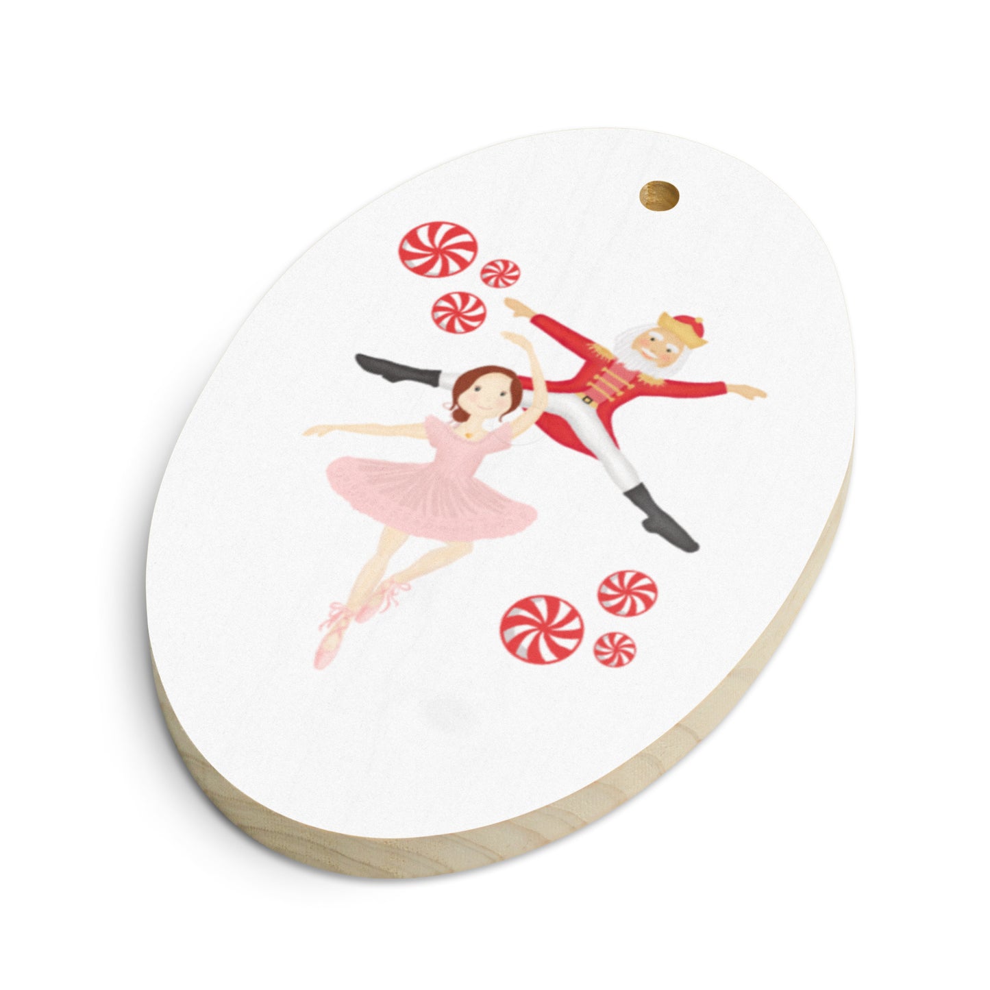 Ballerina & Nutcracker Peppermint Print Rustic Wooden Ornament