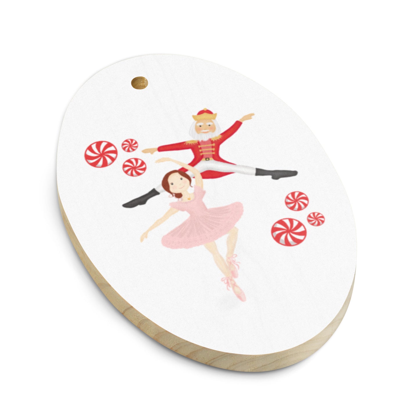 Ballerina & Nutcracker Peppermint Print Rustic Wooden Ornament